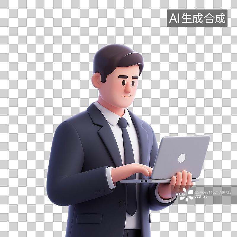【AI数字艺术】3D渲染卡通人物，拿着笔记本电脑在工作的职员，职业装男性，商务人士，西装套装，业务员，劳动节免抠元素图片素材