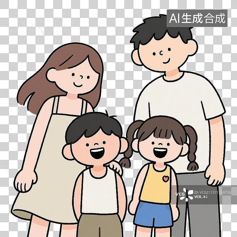 【AI数字艺术】手绘插画，卡通人物，一家四口，全家福，二孩家庭，免抠元素图片素材