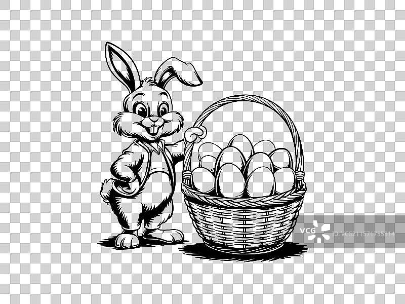 可爱的复活节兔子线条艺术，手持复活节彩蛋图片素材