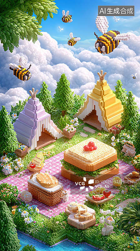 【AI数字艺术】像素蜜蜂野餐派对图片素材