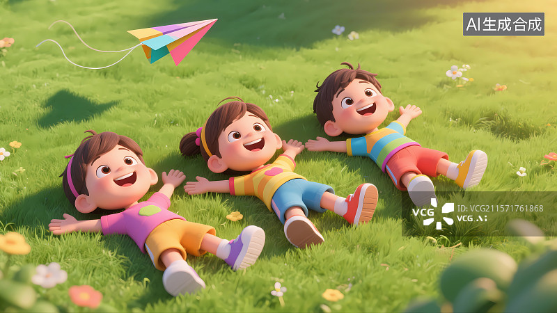 【AI数字艺术】躺在草地上的小孩儿童节3D插画图片素材