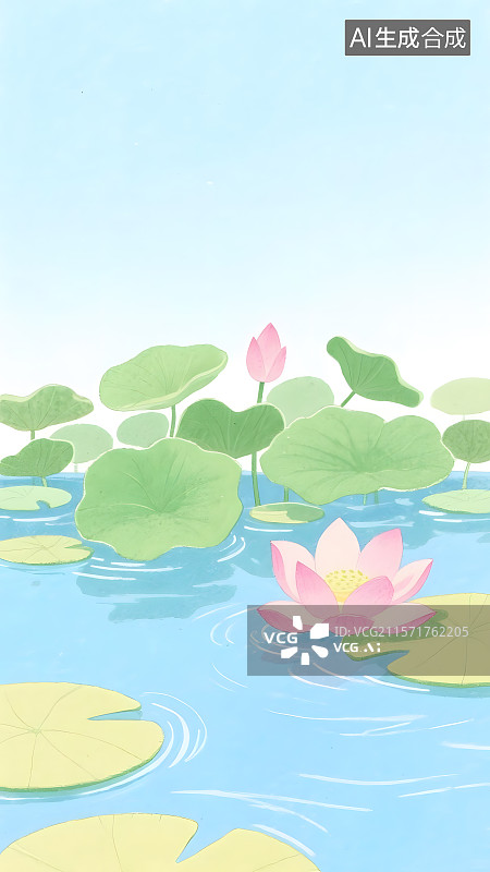 【AI数字艺术】夏天池塘荷叶荷花背景图片素材