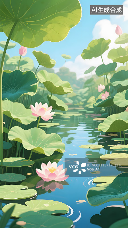 【AI数字艺术】夏天池塘荷叶荷花背景图片素材