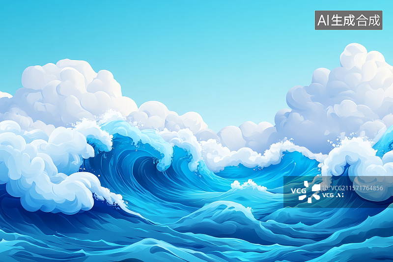 【AI数字艺术】蔚蓝的海水，波涛汹涌的浪花图片素材