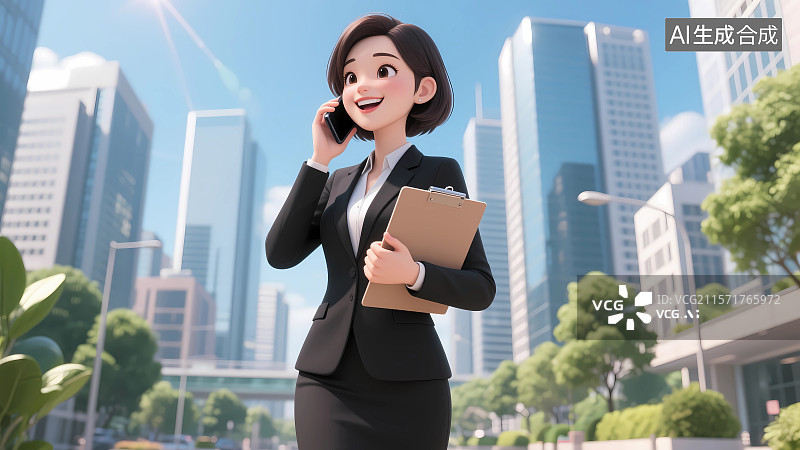 【AI数字艺术】年轻女性商务人士在城市商业区接打电话3D卡通插画图片素材