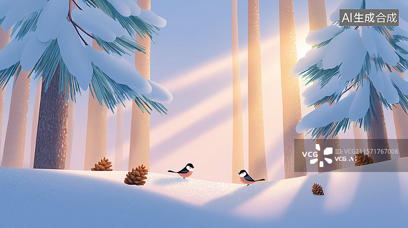 【AI数字艺术】雪松林间阳光与小鸟图片素材