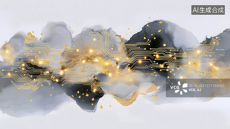 【AI数字艺术】水墨金电路科技艺术背景图片素材