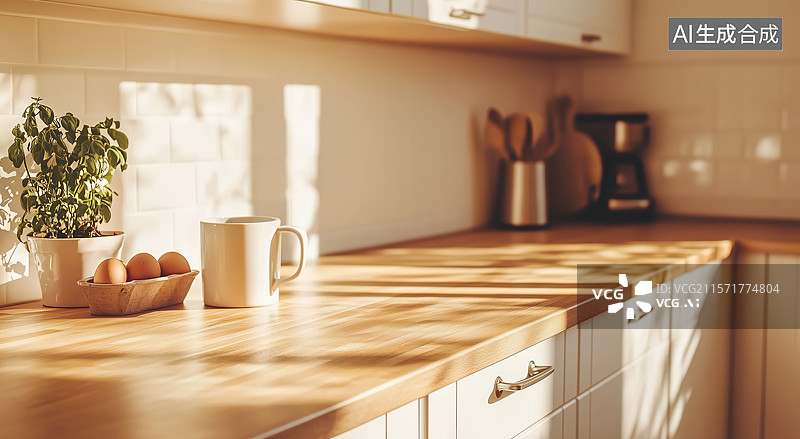 【AI数字艺术】阳光洒在木质厨房台面上图片素材