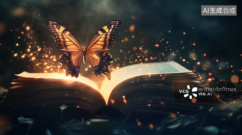 【AI数字艺术】一只发光的蝴蝶落在一本书上图片素材