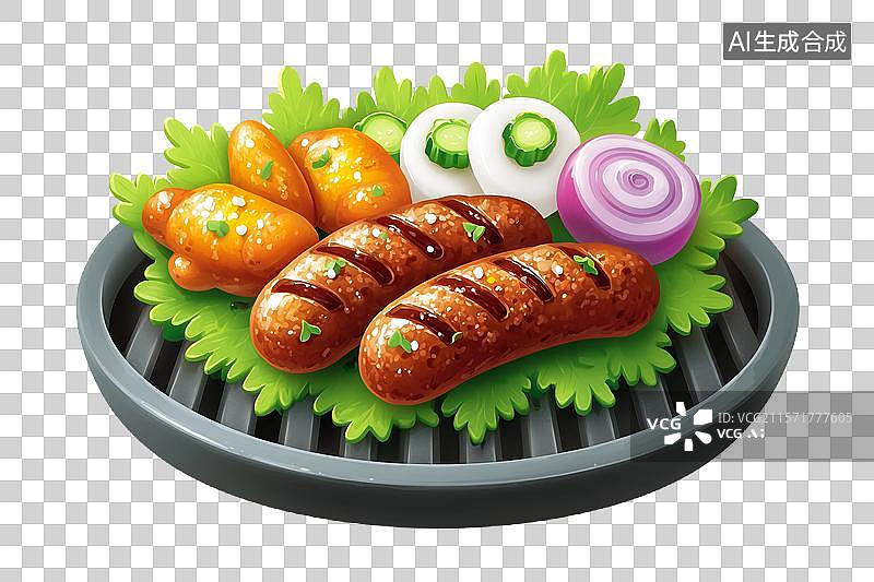 【AI数字艺术】【免抠png素材】3D卡通烧烤盘上放着牛排香肠图片素材
