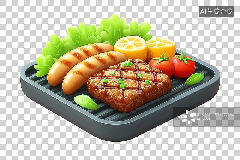 【AI数字艺术】【免抠png素材】3D卡通烧烤盘上放着牛排香肠图片素材