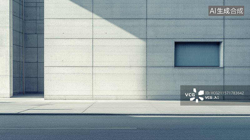 【AI数字艺术】简洁的现代建筑外墙，带有嵌入式窗户，阳光投射在水泥墙面上，与街道形成对比图片素材