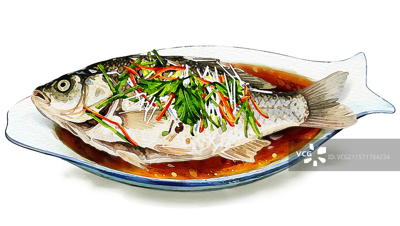 一个白色鱼形瓷盘里盛着一条清蒸鲫鱼图片素材