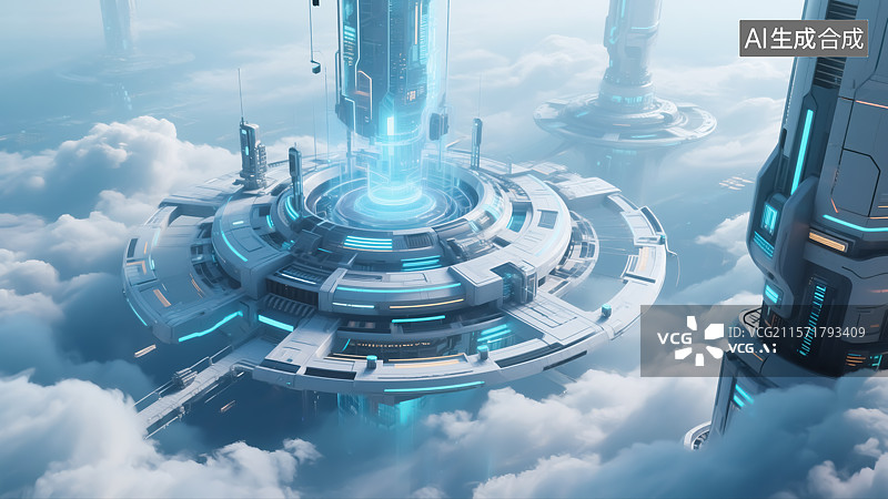 【AI数字艺术】科技感云端场景插画图片素材