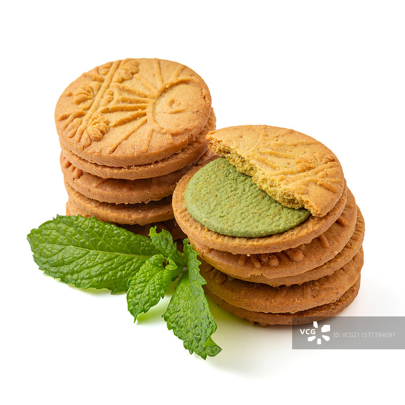 抹茶薄荷味高纤全麦夹心饼干图片素材