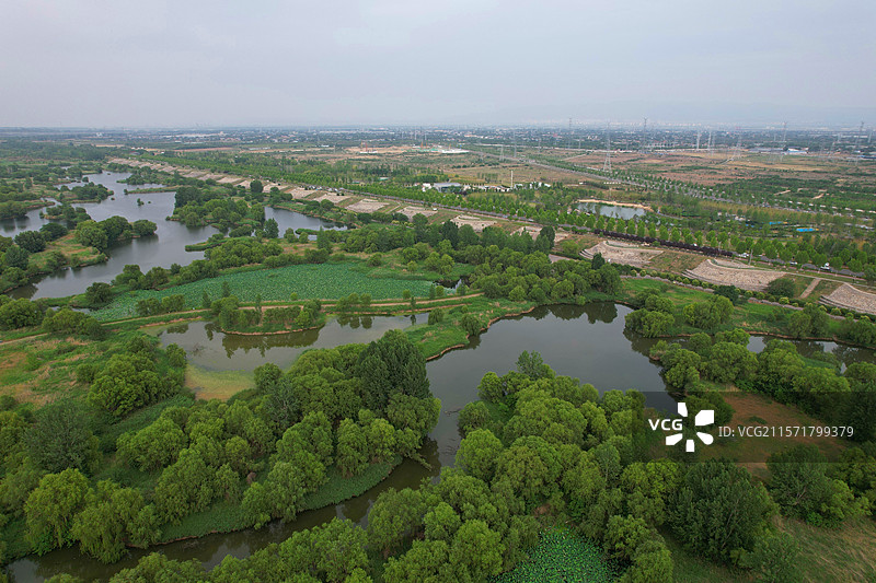 航拍视角下的西安渭河湿地生态公园景观图片素材