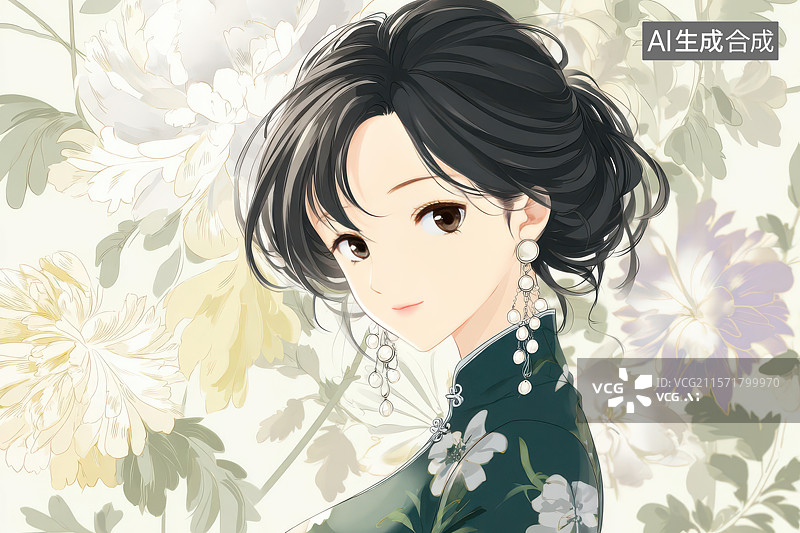【AI数字艺术】典雅旗袍女子与水墨花卉东方韵味图片素材