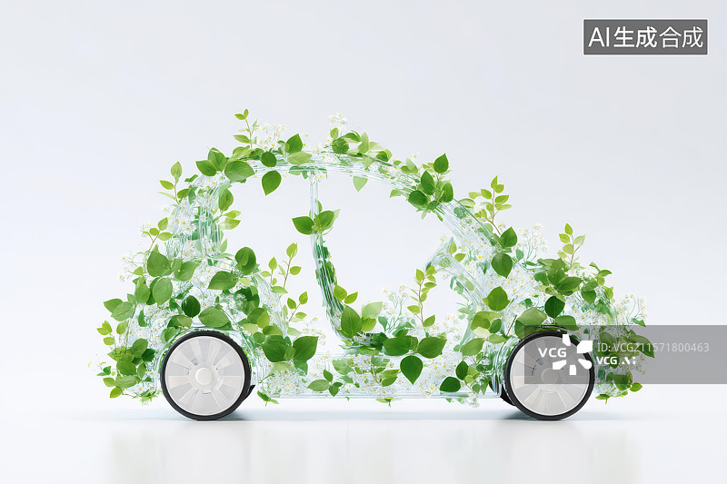 【AI数字艺术】绿植覆盖环保汽车与回收标志特写图片素材