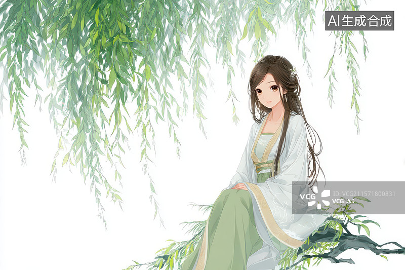 【AI数字艺术】柳下青衣女子静思古风意境图片素材