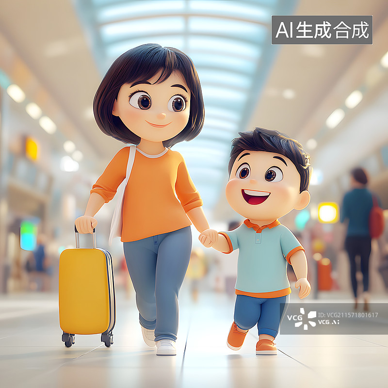 【AI数字艺术】AIGC：3D卡通母子在候车厅拖着行李箱出门旅游图片素材