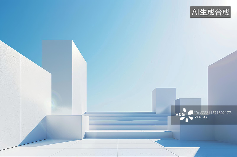 【AI数字艺术】白色几何建筑体与蓝天广场空间图片素材