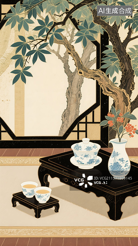 【AI数字艺术】中式室内茶席家居插画图片素材