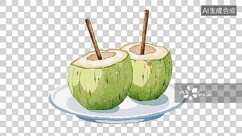 【AI数字艺术】手绘风椰子饮品插画图片素材