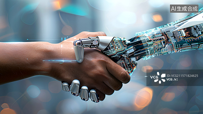 【AI数字艺术】男人的手和机器手臂握手图片素材