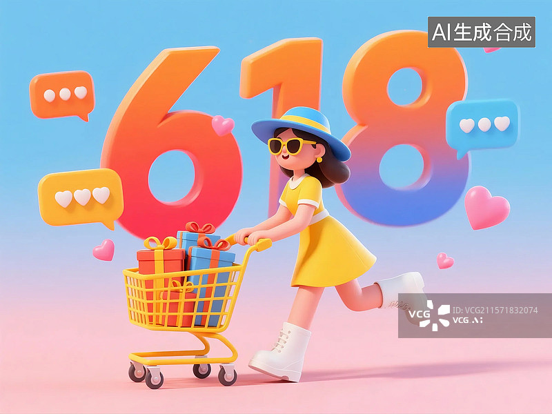 【AI数字艺术】618 购物节女孩推满礼品购物车，洋溢欢快购物氛围图片素材