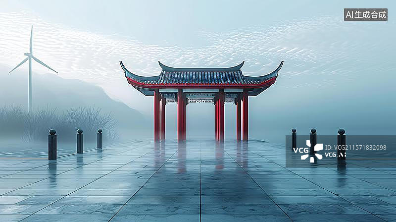 【AI数字艺术】雾境风车亭 东方意境古建筑亭台阁楼和风轮机图片素材