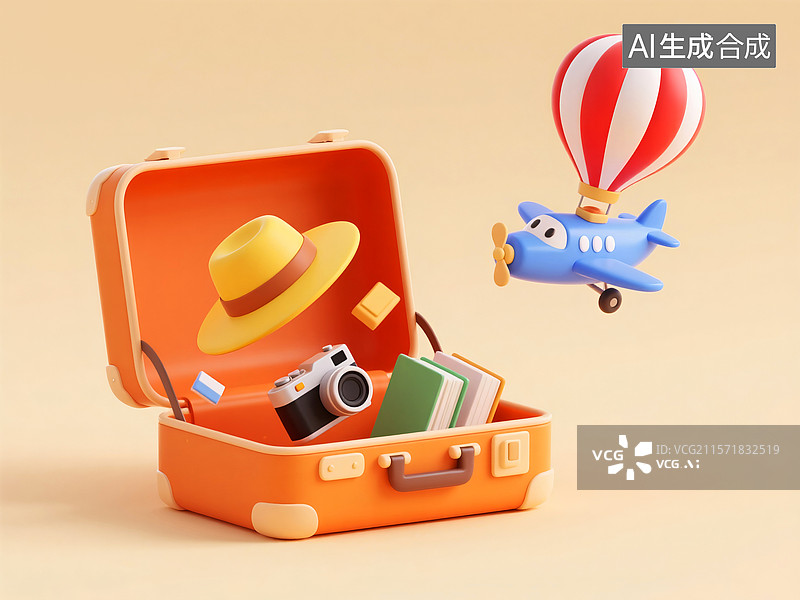 【AI数字艺术】卡通行李箱与旅行主题3D渲染图片素材