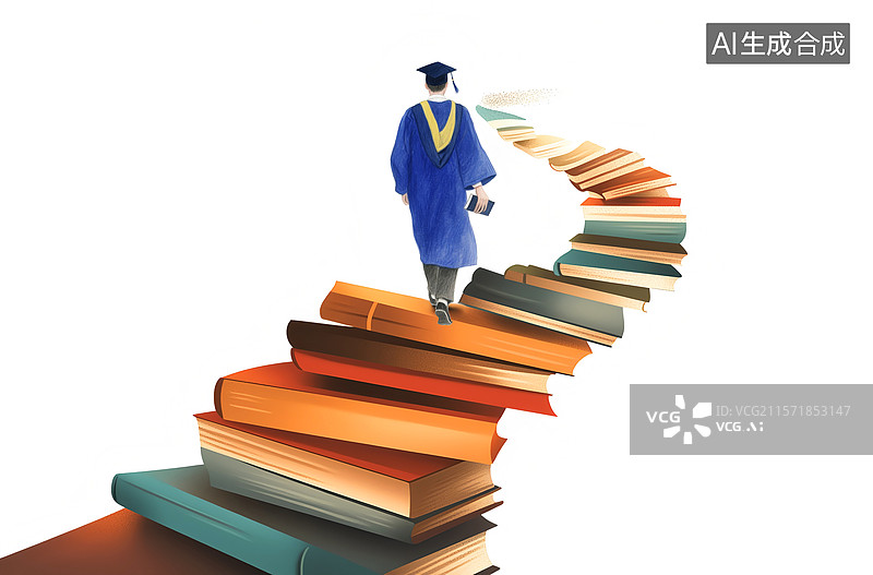 【AI数字艺术】层叠的书铺成的道路上，一个穿着博士服戴博士帽的人走在上面，思考未来人生方向图片素材