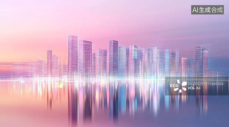 【AI数字艺术】未来城市天际线与水面倒影图片素材
