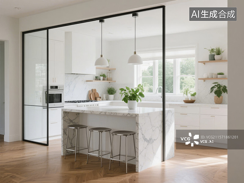 【AI数字艺术】现代厨房与开放式玻璃隔断设计图片素材