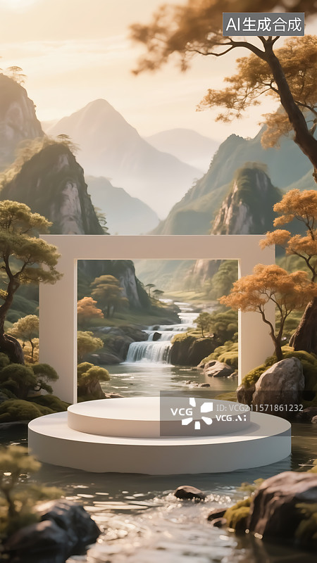 【AI数字艺术】中式山水展台三维插画图片素材