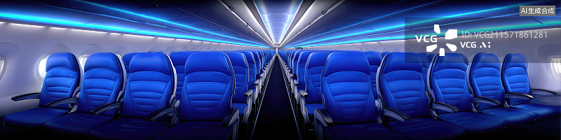 【AI数字艺术】创意航空座椅广告蓝色座椅配黑色扶手飞机窗景旅游业抽象商业背景极简设计图片素材