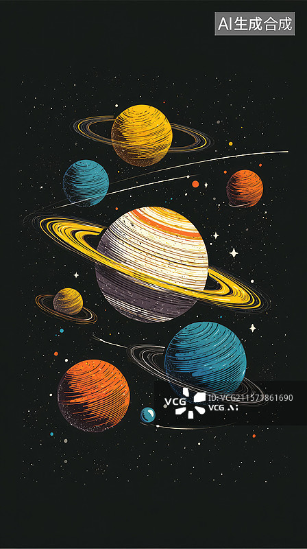 【AI数字艺术】复古太空冒险深色背景上土星和星星鲜艳矢量插图书籍封面海报天文学宇宙场景卡通风格行星图片素材