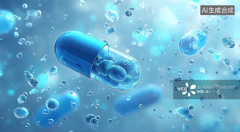 【AI数字艺术】蓝色胶囊悬浮于气泡背景中图片素材