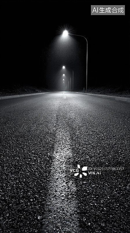 【AI数字艺术】汽车广告背景诡异全景夜景：黑色背景上空旷沥青路与孤独路灯极简城市景观神秘电影广告书籍封面和戏剧性图片素材