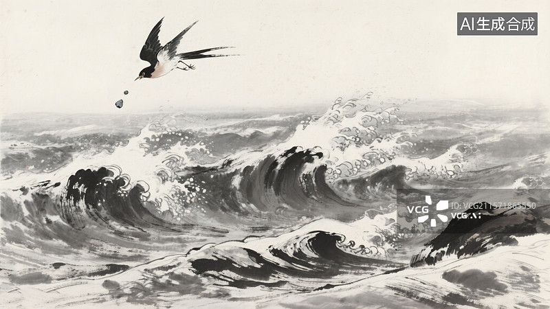 【AI数字艺术】精卫填海主题水墨插画图片素材
