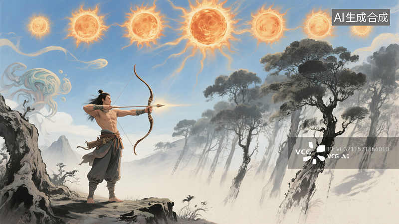 【AI数字艺术】后羿射日主题水墨插画图片素材