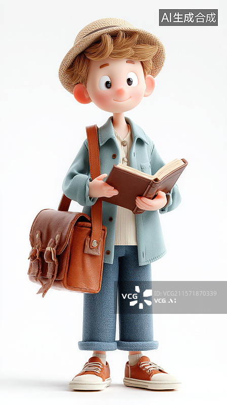 【AI数字艺术】卡通男孩阅读书籍图片素材
