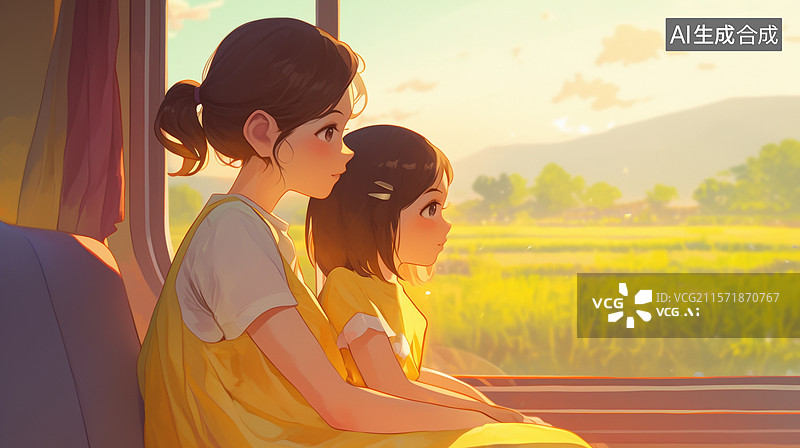 【AI数字艺术】母女共赏窗外田园风光图片素材