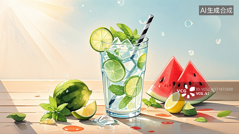 【AI数字艺术】夏天冰饮碎碎冰西瓜薄荷柠檬场景图片素材