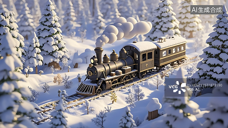 【AI数字艺术】冬天乡村火车三维插画图片素材