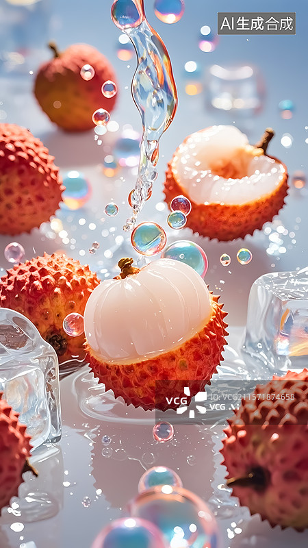 【AI数字艺术】水珠飞溅中的新鲜荔枝三维插画图片素材