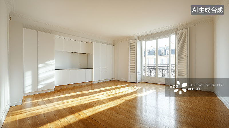 【AI数字艺术】宁静的极简主义客厅，白墙、木地板与空旷空间中的自然光线，广角视角。图片素材