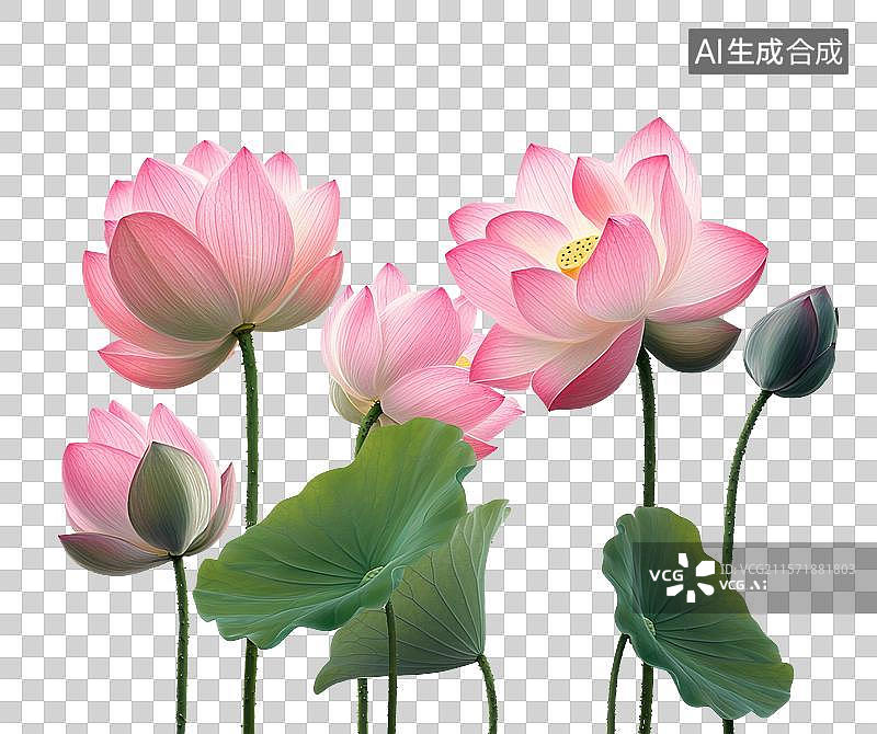 【AI数字艺术】古风清新立夏池塘荷花莲花荷叶花簇免扣设计元素图片素材