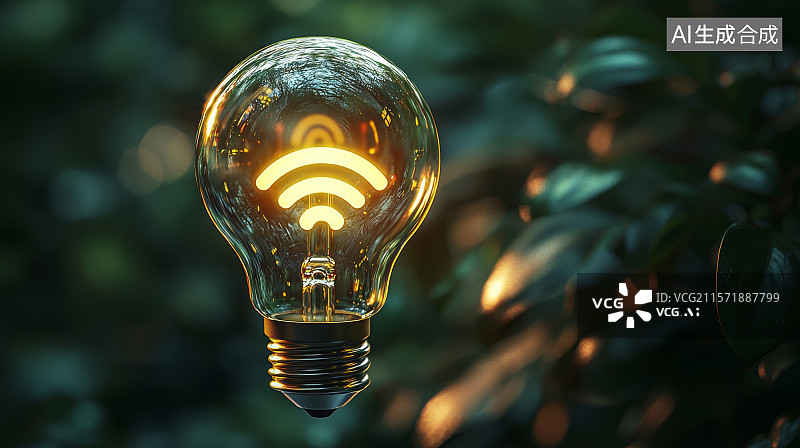 【AI数字艺术】植被中点亮的无线网络灯泡意象图图片素材