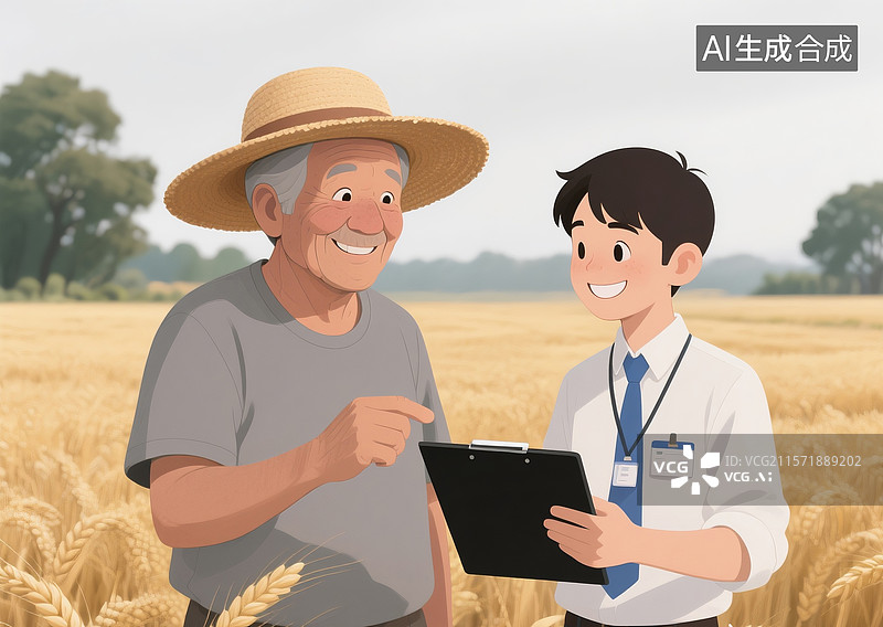 【AI数字艺术】保险理赔员正在为缴纳农业保险的农民介绍保险内容图片素材